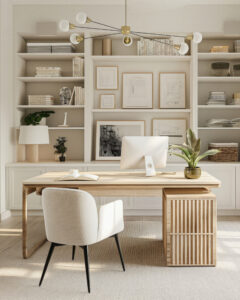 White and beige office with modern furniture and bookshelves